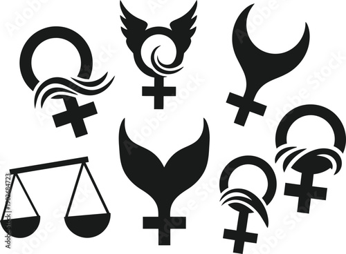 Female symbols and astrological signs with decorative elements