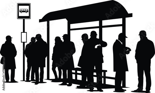 Silhouette of people waiting at a bus stop