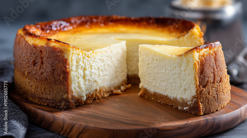 Classic New York cheesecake with slice cut out 