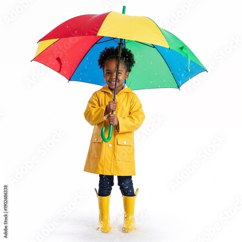 Happy black girl smiling under colorful umbrella in rain  