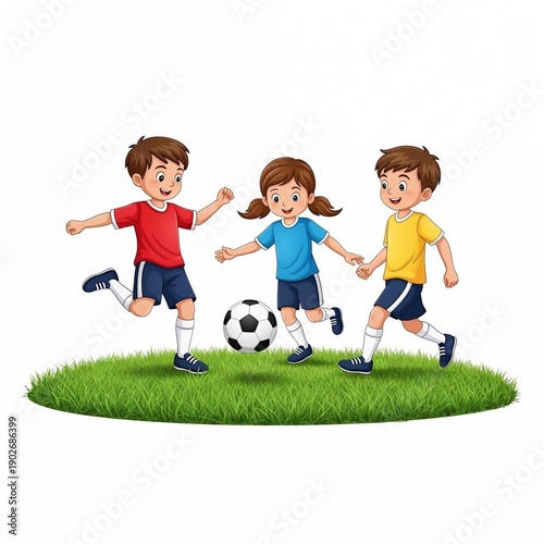 Children with joyful mood kicking soccer ball on grassy field illustration