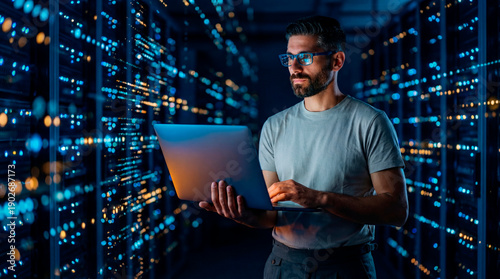 IT specialist working on a laptop inside a server room
