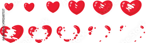 Heart sprite animation. Grow and disappear sprite sequence for like button pressed, game heart explosion graphic template. Vector animate frames set of love heart animation effect illustration