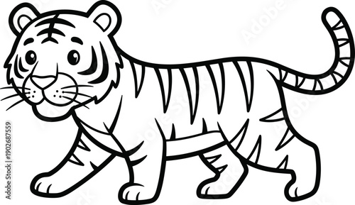 Simple tiger coloring page vector illustration with clear black outlines and classic stripes isolated on white background for children's wildlife activity books and education.
