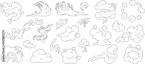 Comic line speed effect cartoon explosive vector set. Hand drawn sketch doodle comic line speed motion, explosive cartoon burst, boom energy, impact power action element. Vector illustration