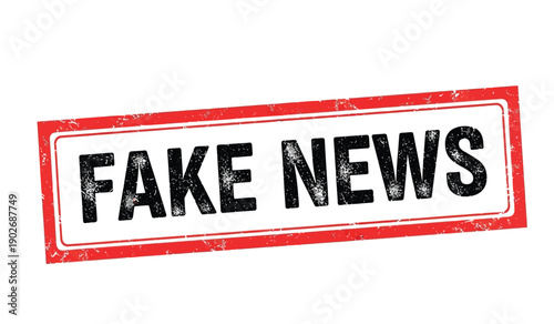 A red and white stamp with the words fake news on it