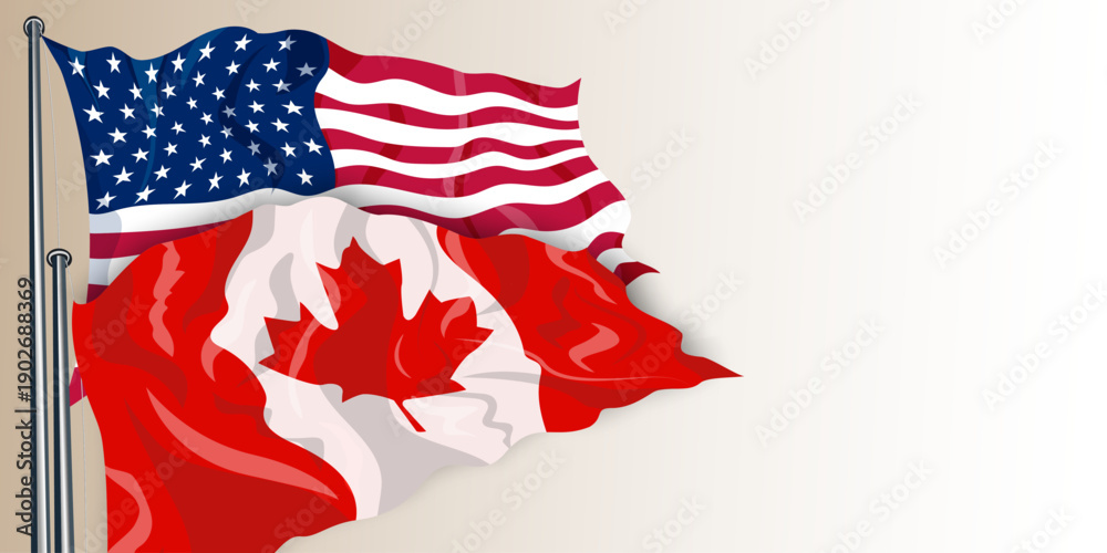 Naklejka premium Canada and American US flags. Crisis, competition tensions, tax, tariffs, trade, partnership, sanctions, duties partnerships between US and others, tariffs on goods, trade war, tax economic concept. 