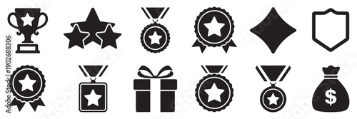 Reward icon set, trophy icons award symbols achievement icons, success recognition prize winner celebration, accomplishment isolated flat and line style vector