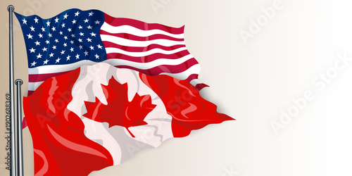 Canada and American US flags. Crisis, competition tensions, tax, tariffs, trade, partnership, sanctions, duties partnerships between US and others, tariffs on goods, trade war, tax economic concept. 