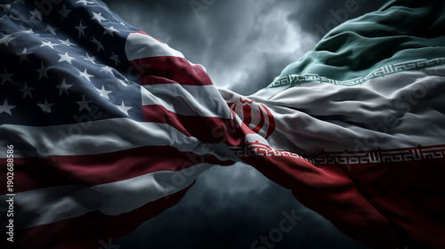 American and Iranian flags intertwined against a dramatic stormy sky background, for themes about historical tensions, diplomatic negotiations, sanctions, nuclear disputes and military pressure