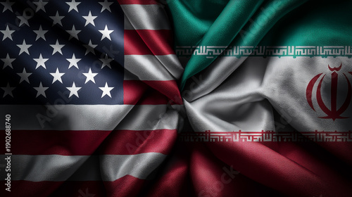 United States and Iran flags intertwined, showcasing the national symbols, for themes about historical tensions, diplomatic negotiations, sanctions, nuclear disputes and military pressure