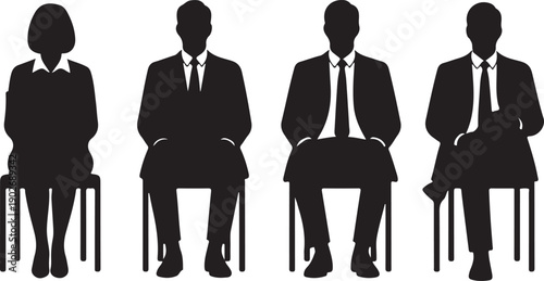 Silhouettes of business professionals: a woman and three men in suits, seated formally on chairs