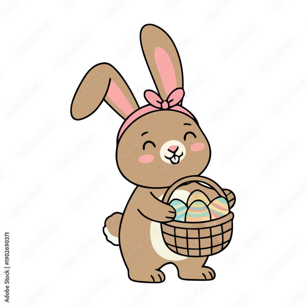 Fototapeta premium Cute cartoon brown bunny rabbit carrying a wicker basket filled with colorful decorated Easter eggs, isolated on a white background.