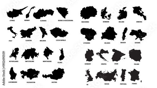 A collection of black silhouettes of European countriesRUSSIA, PORTUGAL, FRANCE, UK, GERMANY, CROATIA, SPAIN, POLAND, UKGRAINE, DENMARK, IRELAND, ARMENIA, KAZAKHSTAN, AUSTR on a transparent background
