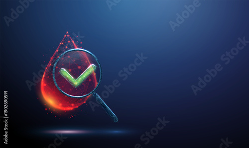 3d blood drop under magnifying glass with green check mark. Positive test result, healthy blood analysis, successful diagnostics, disease-free confirmation concept.