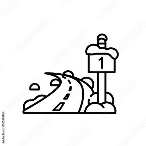 Snowy road with mile marker indicating first mile in winter marathon race  