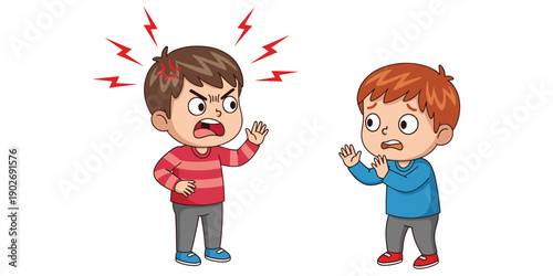 Two cartoon boys arguing with angry expressions and red lightning effects isolated on white background