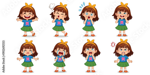 Cute cartoon girl emotions set happy sad angry surprised isolated vector