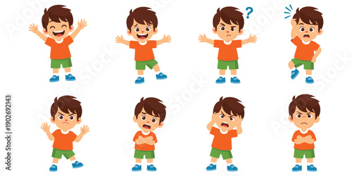Cute cartoon boy emotions set happy sad excited jumping isolated