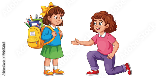 Two happy schoolgirls talking with backpacks and books outdoor cheerful