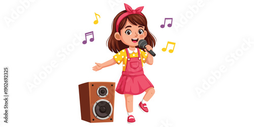 Cute girl singing happily with music notes and retro speaker in pink dress