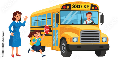 Children waving goodbye to school bus driver with happy kids illustration