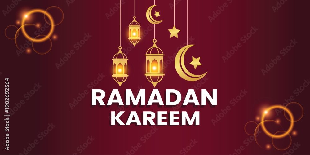Naklejka premium A Ramadan Kareem greeting card with hanging lanterns and crescent moon on a maroon background