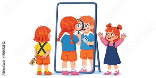 Cartoon kids taking selfie with smartphone frame illustration