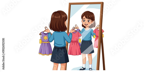 Two girls shopping clothes mirror reflection cute colorful fashion choices