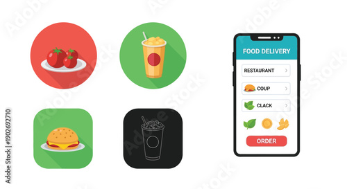 Colorful food icons and a smartphone displaying a food delivery app interface