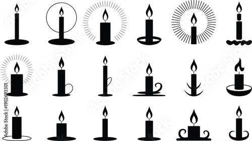Candle, silhouette, flame, light, wax, decoration, burning, glow, icon, collection, vector, illustration, spiritual, memorial, vintage, symbol, design, minimal, black, set