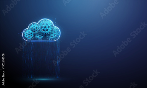 3d blue data cloud in flowing stream of dots with gears inside. Cloud computing, data processing automation, digital workflow, AI-driven solutions, machine learning concept