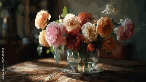 Vibrant blooming bouquet in glass vase on wooden table.