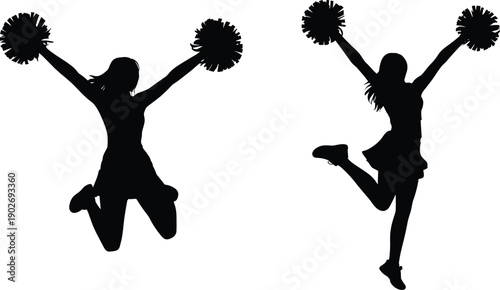 Cheerleader, silhouette, set, showing, jumping, pompons, dance, cheer, sport, performance, celebration, energy, athlete, activity, excitement, black, vector, illustration, collection, design