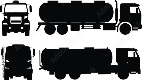 Tanker, truck, silhouette, set, showing, fuel, transport, cargo, delivery, vehicle, logistics, industrial, petroleum, transportation, heavy, duty, black, vector, illustration, collection