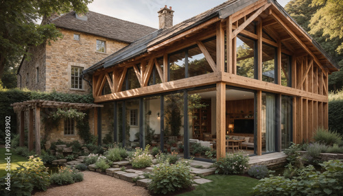 Contemporary timber-framed addition to a classic residence highlighting its architectural design and seamless integration with the surrounding garden.