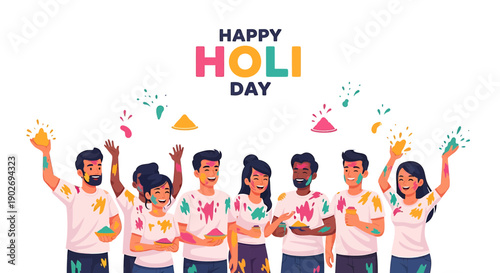Holi celebration illustration with colorful powder and people throwing colors, for banner or poster or social media