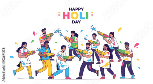 Holi celebration vector illustration, people throwing colored powder, Happy Holi Day banner or poster, festive colorful design, for social media or marketing
