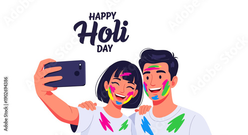 Vector illustration of young couple taking selfie with colorful Holi paint on faces, Happy Holi Day text, for social media or celebration banner
