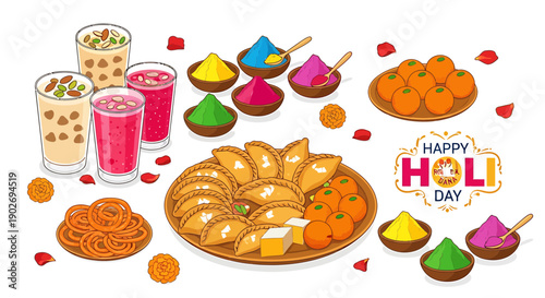 Holi festival food and drinks, gujiyas sweets, colorful powders, Happy Holi Day sign, vector illustration for celebration or cultural event, banner or poster
