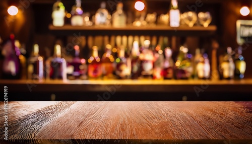 Wooden Table With Soft Focus Liquor Bar Background