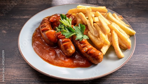 A German Currywurst With Thick Cut Fries Drizzled With Rich Tomato Based Curry Sauce And Garnished With Fresh Herbs