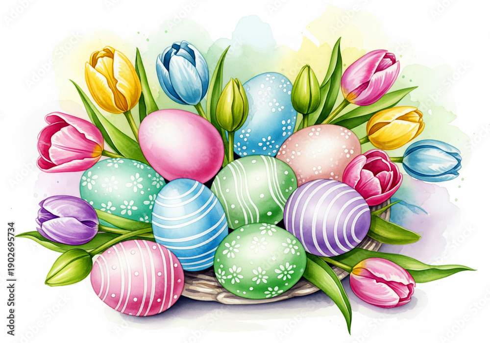 Fototapeta premium Serene arrangement of soft pastel Easter eggs and spring tulips watercolor illustration for tranquility
