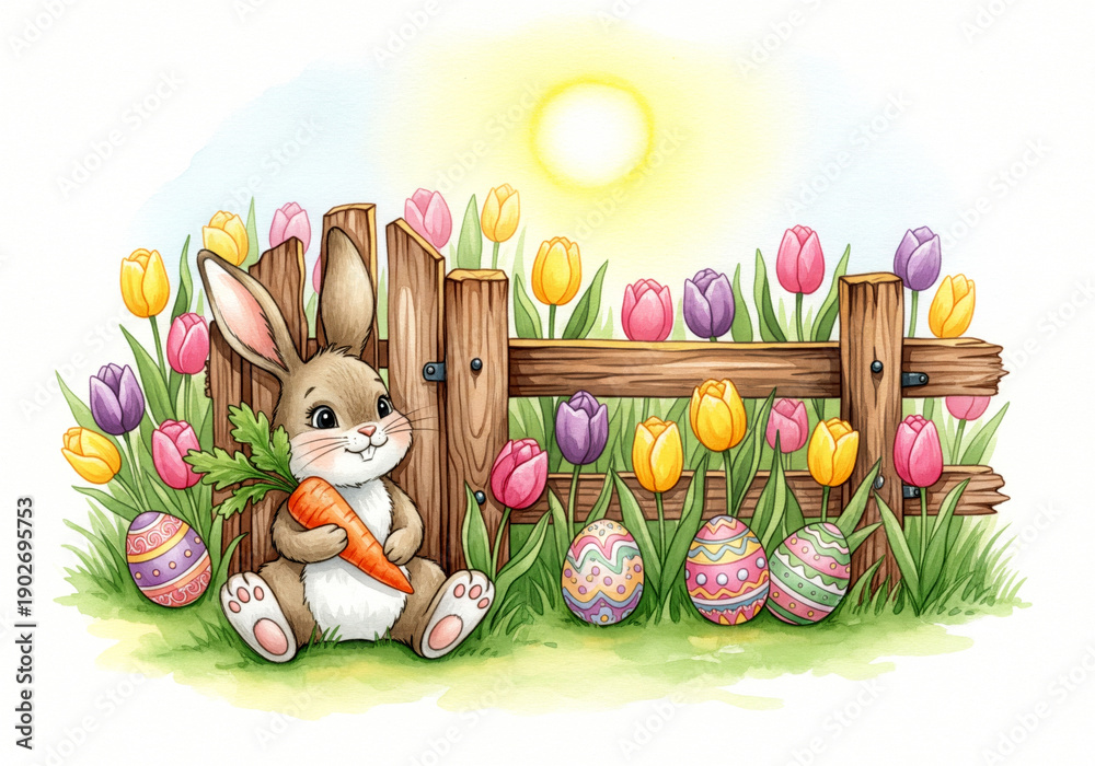 Obraz premium Adorable Easter bunny with carrot by wooden fence in field of tulips and eggs watercolor illustration
