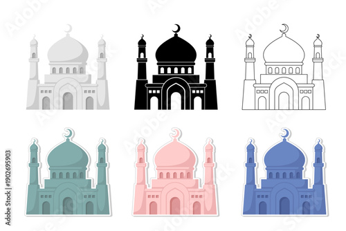 Mosque architecture icon collection featuring sticker silhouette monochrome cutting label and line art styles flat design vector illustration for Ramadan Kareem and Eid Mubarak celebration cards.