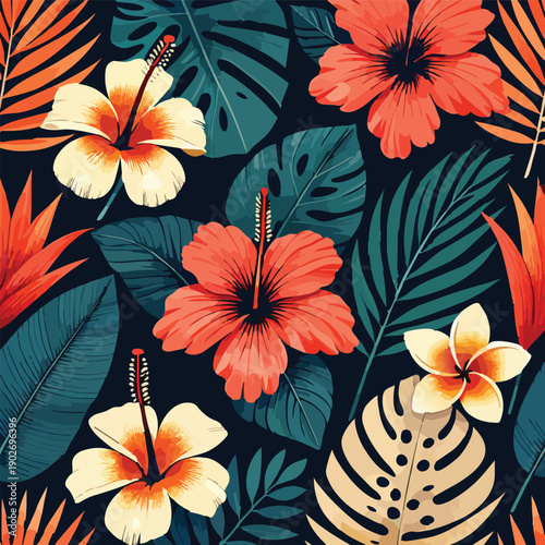 Tropical Design Print Summer Flower Hibiscus Hawaiian Beach Exotic Fashion Floral Holiday Hawaii Island Jungle Palm Vector Background
