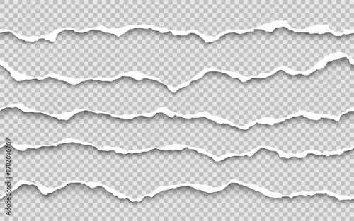 Set of realistic torn paper strips with rough edges, isolated on transparent background for design use.