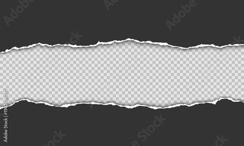 Wide horizontal torn paper strip with rough ripped edges, realistic white paper tear revealing transparent background.