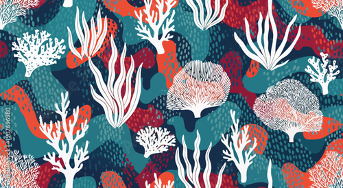 Seamless underwater vector illustration featuring vibrant coral reef patterns and marine life with detailed textures