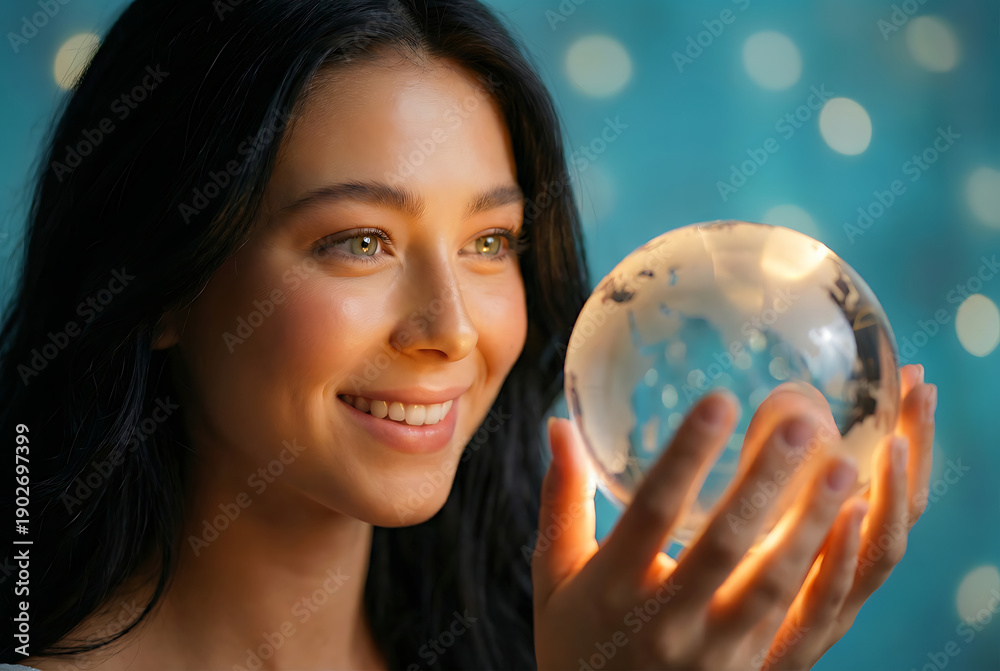 Naklejka premium Beautiful smiling young woman holding a glowing glass globe of the earth in her hands representing global connection environmental care and future vision